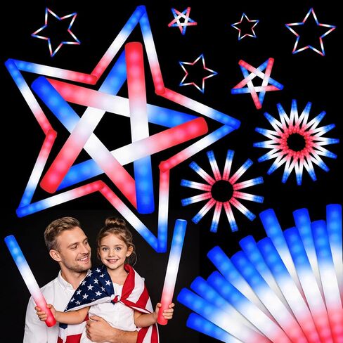 OLUPP 58 Pcs July 4th Glow Sticks, Foam Glow Sticks for 4th July, Red White Blue Glow in the Dark for Kids & Adults, Patriotic LED Light Up Supplies for Independence Day, Party Favors in Saudi Arabia