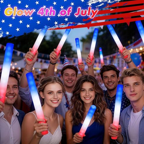 OLUPP 58 Pcs July 4th Glow Sticks, Foam Glow Sticks for 4th July, Red White Blue Glow in the Dark for Kids & Adults, Patriotic LED Light Up Supplies for Independence Day, Party Favors in Saudi Arabia