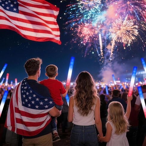 OLUPP 58 Pcs July 4th Glow Sticks, Foam Glow Sticks for 4th July, Red White Blue Glow in the Dark for Kids & Adults, Patriotic LED Light Up Supplies for Independence Day, Party Favors in Saudi Arabia