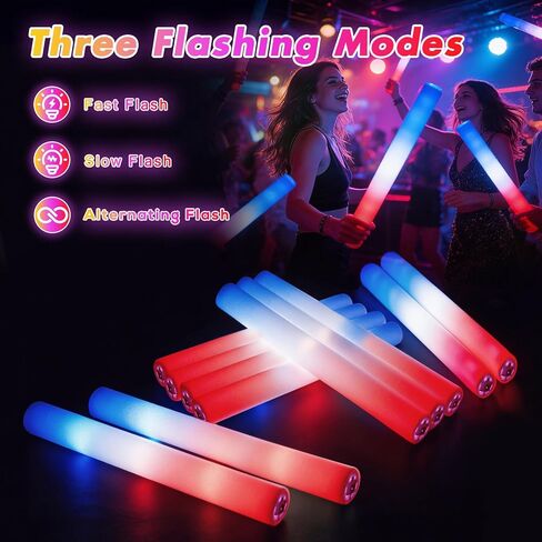 OLUPP 58 Pcs July 4th Glow Sticks, Foam Glow Sticks for 4th July, Red White Blue Glow in the Dark for Kids & Adults, Patriotic LED Light Up Supplies for Independence Day, Party Favors in Saudi Arabia