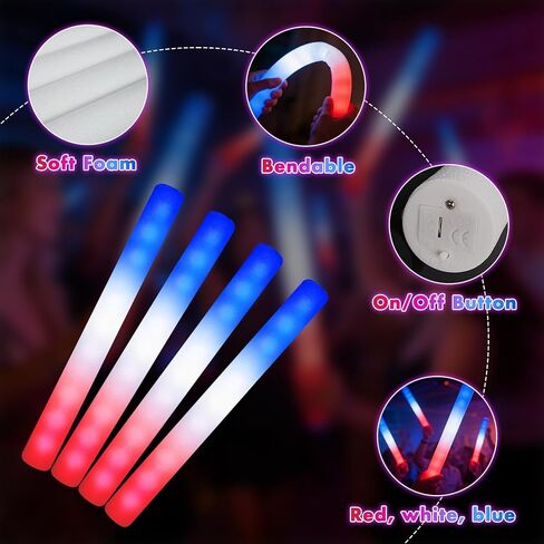 OLUPP 58 Pcs July 4th Glow Sticks, Foam Glow Sticks for 4th July, Red White Blue Glow in the Dark for Kids & Adults, Patriotic LED Light Up Supplies for Independence Day, Party Favors in Saudi Arabia