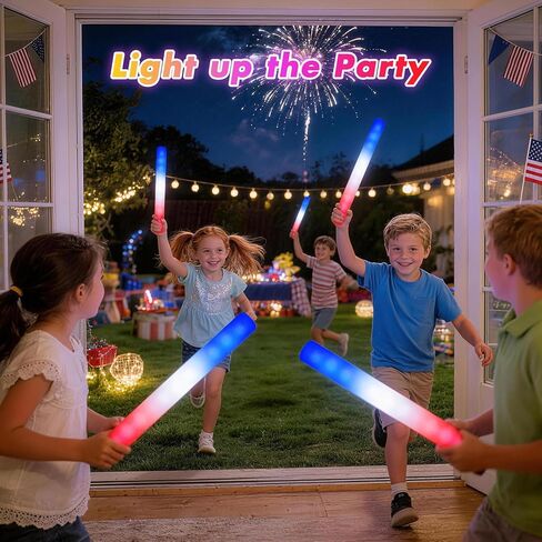 OLUPP 58 Pcs July 4th Glow Sticks, Foam Glow Sticks for 4th July, Red White Blue Glow in the Dark for Kids & Adults, Patriotic LED Light Up Supplies for Independence Day, Party Favors in Saudi Arabia