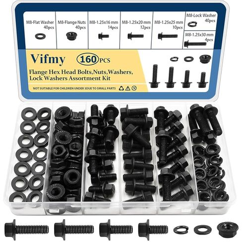 M6-1.0 x 12/16/20/25/30mm Flange Hex Head Bolts Assortment Kit (240 Pack) with Serrated Flange Nuts,Washers & Lock Spring Washers,Hex Head Screw,Alloy Steel Black Oxide Finish Plated Full Thread in Saudi Arabia