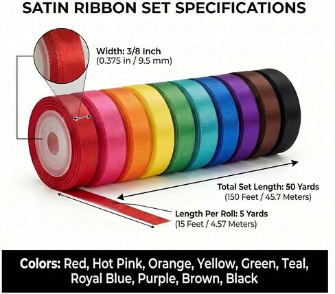 Rainbow Satin Ribbon 3/8 Inch 50 Yards 10 Colors Double Face, Polyester Ribbon for Gift Wrapping Flower Bouquet Wedding Baby Shower DIY Crafts Party Decor with Plastic Core in Saudi Arabia