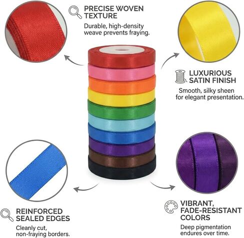 Rainbow Satin Ribbon 3/8 Inch 50 Yards 10 Colors Double Face, Polyester Ribbon for Gift Wrapping Flower Bouquet Wedding Baby Shower DIY Crafts Party Decor with Plastic Core in Saudi Arabia