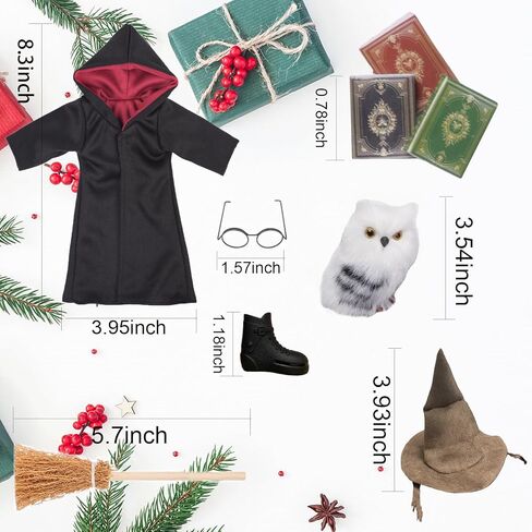 Wizard Christmas Elf Accessories for Elf Doll Clothes Christmas Costume Includes Robe, Broom, Scarf, Mini Glasses, Mini Book, Owl, Shoes and Hat(Wizard Setting pro) in Saudi Arabia