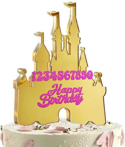غلاف كعكة القلعة الذهبية مع أرقام 0-9 - زينة كعكة عيد ميلاد الأميرة، مجموعة تزيين كعكة عيد ميلاد سعيد من الأكريليك الذهبي قابلة لإعادة الاستخدام لمستلزمات الحفلات (ذهبي) in Kuwait