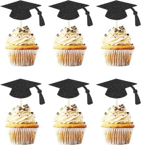 24pcs Graduation Cupcake Toppers, Glitter Black Grad Cap Cupcake Picks 2026 Graduation Cupcake Topper Decorations for Class of 2026 Graduation Party Supply in Saudi Arabia