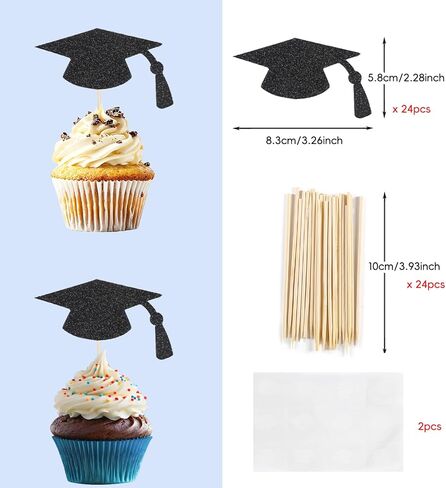 24pcs Graduation Cupcake Toppers, Glitter Black Grad Cap Cupcake Picks 2026 Graduation Cupcake Topper Decorations for Class of 2026 Graduation Party Supply in Saudi Arabia