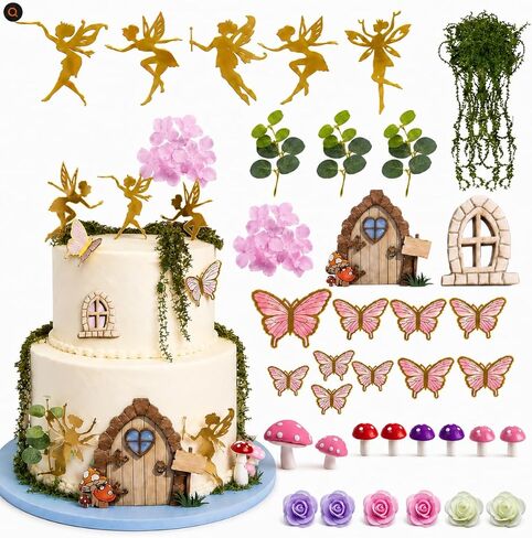 37PCS Fairy Cake Toppers for Fairy Birthday Party Decorations - Pink Mushroom Butterfly Flower Fairy Door Set - Whimsical Cake Decor for Girls Birthday Baby Shower Garden Theme Party in Saudi Arabia