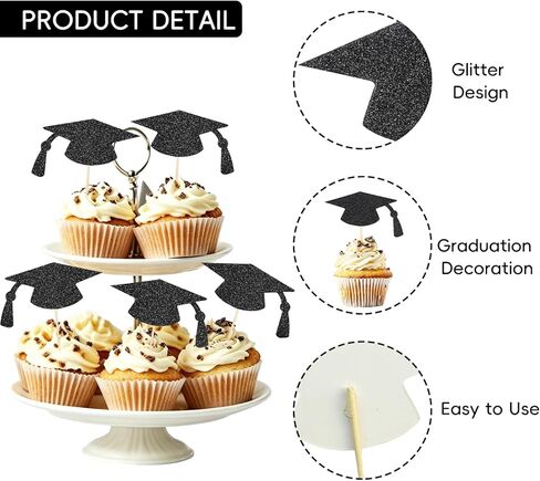 24pcs Graduation Cupcake Toppers, Glitter Black Grad Cap Cupcake Picks 2026 Graduation Cupcake Topper Decorations for Class of 2026 Graduation Party Supply in Saudi Arabia
