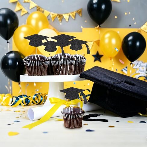 24pcs Graduation Cupcake Toppers, Glitter Black Grad Cap Cupcake Picks 2026 Graduation Cupcake Topper Decorations for Class of 2026 Graduation Party Supply in Saudi Arabia