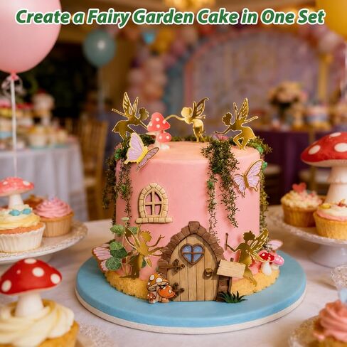 37PCS Fairy Cake Toppers for Fairy Birthday Party Decorations - Pink Mushroom Butterfly Flower Fairy Door Set - Whimsical Cake Decor for Girls Birthday Baby Shower Garden Theme Party in Saudi Arabia