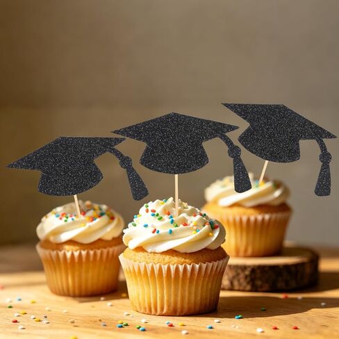 24pcs Graduation Cupcake Toppers, Glitter Black Grad Cap Cupcake Picks 2026 Graduation Cupcake Topper Decorations for Class of 2026 Graduation Party Supply in Saudi Arabia