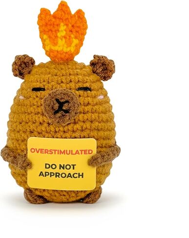 Overstimulated Do Not Approach Desk Sign, Handmade Crochet Capybara Plush with Card, Mini Desk Decor with Wooden Stand, Gift-Ready Organza Bag, Funny Office Cubicle & Home Office Gift in Saudi Arabia
