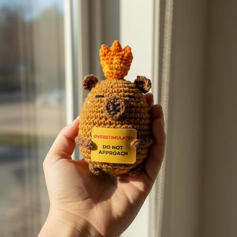 Overstimulated Do Not Approach Desk Sign, Handmade Crochet Capybara Plush with Card, Mini Desk Decor with Wooden Stand, Gift-Ready Organza Bag, Funny Office Cubicle & Home Office Gift in Saudi Arabia