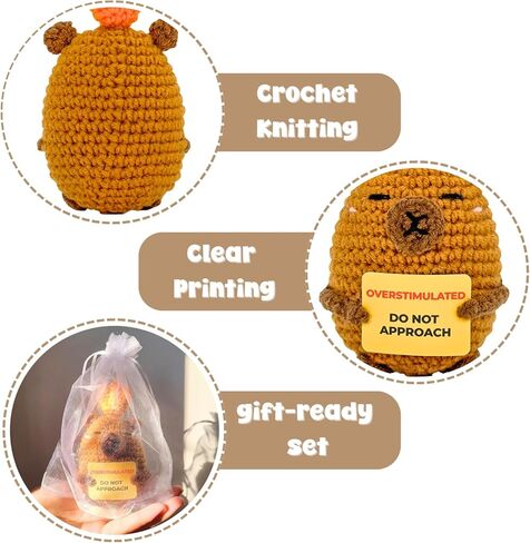 Overstimulated Do Not Approach Desk Sign, Handmade Crochet Capybara Plush with Card, Mini Desk Decor with Wooden Stand, Gift-Ready Organza Bag, Funny Office Cubicle & Home Office Gift in Saudi Arabia