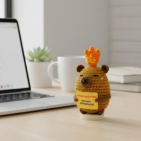Overstimulated Do Not Approach Desk Sign, Handmade Crochet Capybara Plush with Card, Mini Desk Decor with Wooden Stand, Gift-Ready Organza Bag, Funny Office Cubicle & Home Office Gift in Saudi Arabia