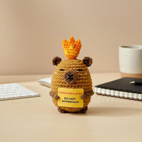 Overstimulated Do Not Approach Desk Sign, Handmade Crochet Capybara Plush with Card, Mini Desk Decor with Wooden Stand, Gift-Ready Organza Bag, Funny Office Cubicle & Home Office Gift in Saudi Arabia