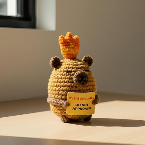 Overstimulated Do Not Approach Desk Sign, Handmade Crochet Capybara Plush with Card, Mini Desk Decor with Wooden Stand, Gift-Ready Organza Bag, Funny Office Cubicle & Home Office Gift in Saudi Arabia