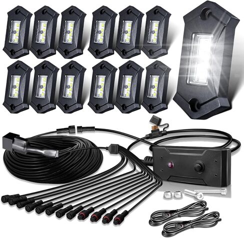 LEDMIRCY مجموعة أضواء الصخور البيضاء النقية مع تسخير سلك التبديل 12 قطعة أضواء الصخور LED عالية الطاقة للشاحنات UTV ATV SUV على الطرق الوعرة Underglow Trail Rig Rocklights تحت الجسم مقاوم للماء ومضاد للصدمات in Kuwait