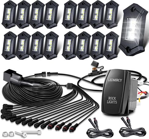 LEDMIRCY مجموعة أضواء الصخور البيضاء النقية مع تسخير سلك التبديل 12 قطعة أضواء الصخور LED عالية الطاقة للشاحنات UTV ATV SUV على الطرق الوعرة Underglow Trail Rig Rocklights تحت الجسم مقاوم للماء ومضاد للصدمات in Kuwait