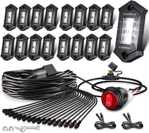 LEDMIRCY مجموعة أضواء الصخور البيضاء النقية مع تسخير سلك التبديل 12 قطعة أضواء الصخور LED عالية الطاقة للشاحنات UTV ATV SUV على الطرق الوعرة Underglow Trail Rig Rocklights تحت الجسم مقاوم للماء ومضاد للصدمات in Kuwait