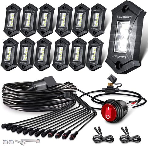 LEDMIRCY مجموعة أضواء الصخور البيضاء النقية مع تسخير سلك التبديل 12 قطعة أضواء الصخور LED عالية الطاقة للشاحنات UTV ATV SUV على الطرق الوعرة Underglow Trail Rig Rocklights تحت الجسم مقاوم للماء ومضاد للصدمات in Kuwait