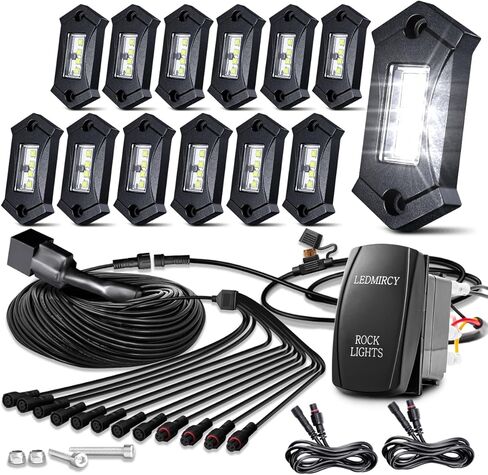 LEDMIRCY مجموعة أضواء الصخور البيضاء النقية مع تسخير سلك التبديل 12 قطعة أضواء الصخور LED عالية الطاقة للشاحنات UTV ATV SUV على الطرق الوعرة Underglow Trail Rig Rocklights تحت الجسم مقاوم للماء ومضاد للصدمات in Kuwait