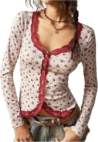 قمصان علوية نسائية لطيفة من MakeMeChic برقبة على شكل حرف V وأكمام طويلة Y2k Boho علوية بأزرار سفلية in Saudi Arabia