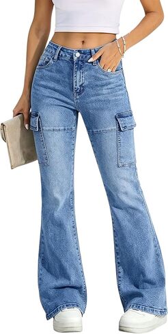Flvsun Women's High Waist Flare Cargo Jeans Flap Pocket Y2K Streetwear Stretch Bell Bottoms Wide Leg Denim Pants in Saudi Arabia