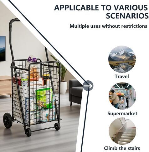 Folding Shopping Cart with 360° Swivel Wheels, Large Capacity Grocery Trolley with Foam Armrests, Heavy-Duty Utility Cart for Grocery, Laundry, Camping, Up to 90 lbs, Black in Saudi Arabia