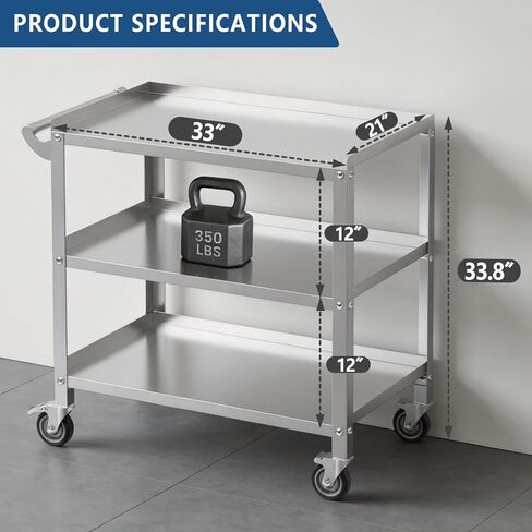 Stainless Steel Utility Cart 3 Tier - Heavy Duty Rolling Cart with Silent Wheels & Handle, Commercial Food Storage Trolley for Kitchen Restaurant Hospital Lab and Home, 21″L x 33″W x 34″H in Saudi Arabia