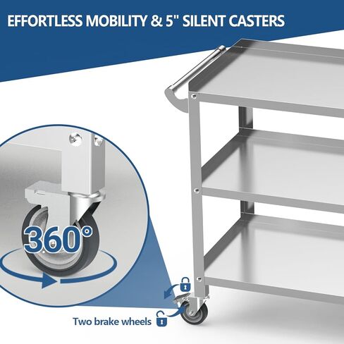 Stainless Steel Utility Cart 3 Tier - Heavy Duty Rolling Cart with Silent Wheels & Handle, Commercial Food Storage Trolley for Kitchen Restaurant Hospital Lab and Home, 21″L x 33″W x 34″H in Saudi Arabia