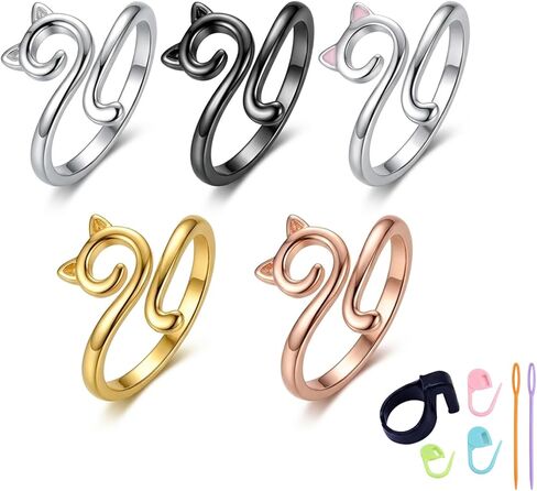 5Pcs Curated Cat Crochet Ring for Finger, Adjustable, 5 Colors Tension Ring for Crochet & Knitting, Yarn Guide Finger Holder with Thread Cutter Ring, US Size 5-12 in Saudi Arabia