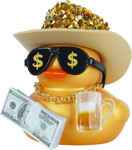 Funny Golden Duck with Rhinestone Cowboy Hat, Gold Necklace, Wine Glass & Money Sunglasses - Mini Rubber Ducks Accessories for Car Dashboard, Office Desk, Party Decor in Saudi Arabia