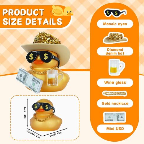 Funny Golden Duck with Rhinestone Cowboy Hat, Gold Necklace, Wine Glass & Money Sunglasses - Mini Rubber Ducks Accessories for Car Dashboard, Office Desk, Party Decor in Saudi Arabia