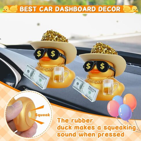 Funny Golden Duck with Rhinestone Cowboy Hat, Gold Necklace, Wine Glass & Money Sunglasses - Mini Rubber Ducks Accessories for Car Dashboard, Office Desk, Party Decor in Saudi Arabia