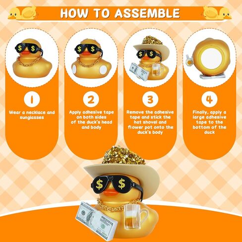 Funny Golden Duck with Rhinestone Cowboy Hat, Gold Necklace, Wine Glass & Money Sunglasses - Mini Rubber Ducks Accessories for Car Dashboard, Office Desk, Party Decor in Saudi Arabia