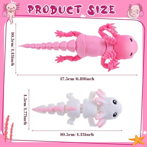 2pcs 3D Printed Axolotl Figures 6.89 inch and 4.13 inch Articulating Axolotl Fidget Toys for Desk Home Office (Pink, White) in Saudi Arabia