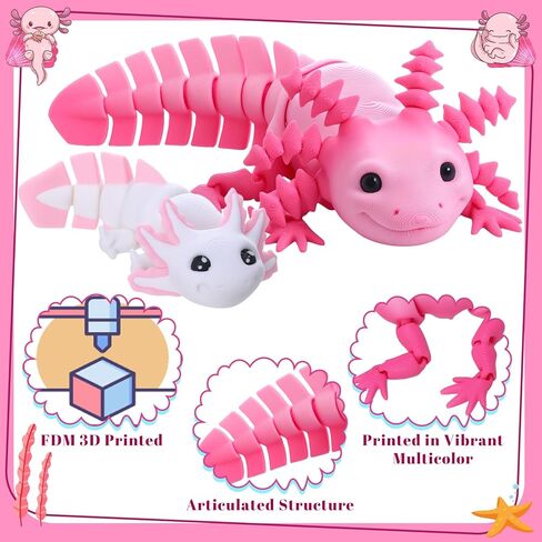 2pcs 3D Printed Axolotl Figures 6.89 inch and 4.13 inch Articulating Axolotl Fidget Toys for Desk Home Office (Pink, White) in Saudi Arabia