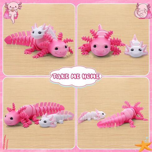 2pcs 3D Printed Axolotl Figures 6.89 inch and 4.13 inch Articulating Axolotl Fidget Toys for Desk Home Office (Pink, White) in Saudi Arabia