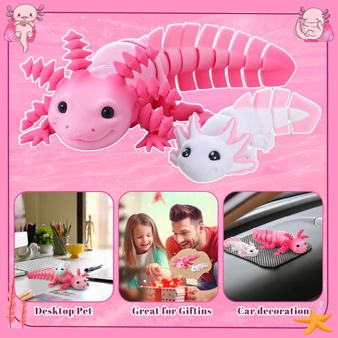 2pcs 3D Printed Axolotl Figures 6.89 inch and 4.13 inch Articulating Axolotl Fidget Toys for Desk Home Office (Pink, White) in Saudi Arabia