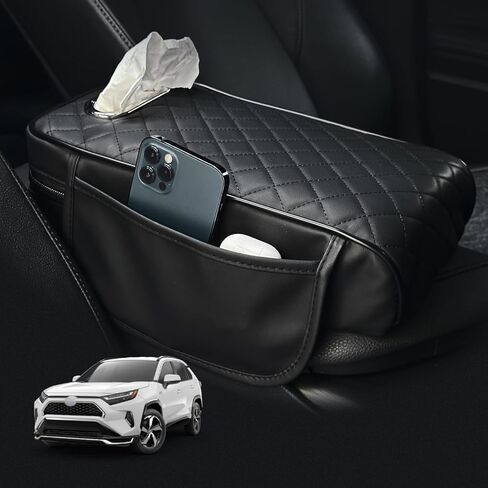 ترقية وسادة مسند ذراع وحدة التحكم المركزية للسيارة لموديلات Toyota RAV4 2026-2012، غطاء وسادة مريح من إسفنج الذاكرة مع صندوق مناديل وحقيبة تخزين جانبية، غطاء مسند ذراع للسيارة 3 في 1 من جلد البولي يوريثان الفاخر (أسود) in Kuwait