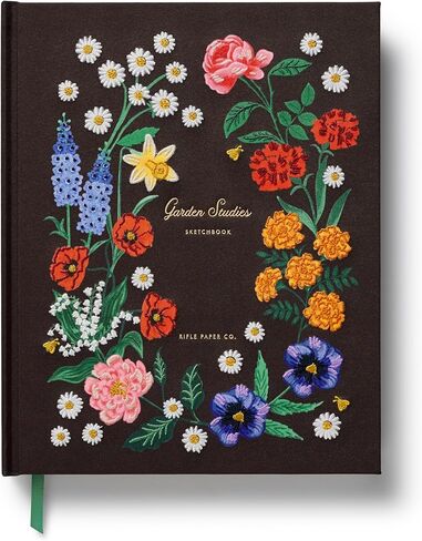 شركة RIFLE PAPER CO. كراسة رسم مطرزة لدراسة الحديقة 108 صفحة فارغة للرسم، 10.25 بوصة طول × 8.25 بوصة عرض، غطاء من القماش مع تطريز زهور، يتضمن إشارة مرجعية لشريط Grosgrain in Kuwait