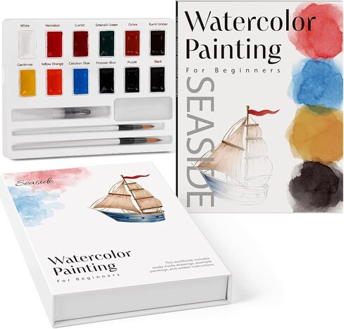 Watercolor Workbook for Beginners-Water Color Books Paint Set with 12 Original Patterns,Water Coloring Book with 12 Colors&Brushes,Arts&Crafts Birthday Gifts(Seaside) in Kuwait