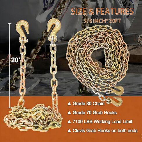 3/8 Inch x 20FT Safety/Binder Chain G80 Transport Binder Chain with Clevis Grab Hooks 7,100 lbs Safe Working Load Logging Chain for Transporting Towing Tie Down Binding Equipment in Saudi Arabia