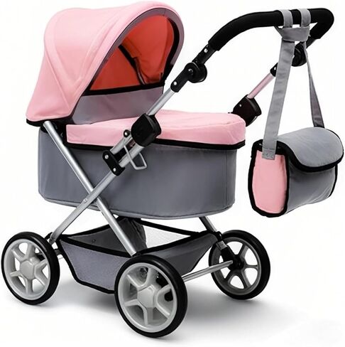 Baby Doll Stroller Foldable Doll Pram with Basket,Adjustable Handle,Light Gray/Pink,Dolls Up to 22" Doll, Dolls to Play Baby Doll Convertible Lightweight Pram Stroller for Kids in Saudi Arabia