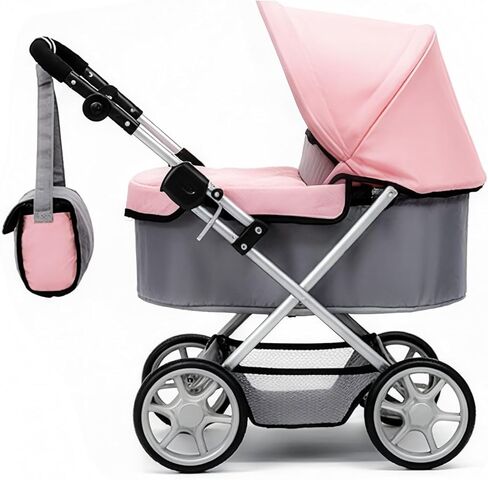 Baby Doll Stroller Foldable Doll Pram with Basket,Adjustable Handle,Light Gray/Pink,Dolls Up to 22" Doll, Dolls to Play Baby Doll Convertible Lightweight Pram Stroller for Kids in Saudi Arabia