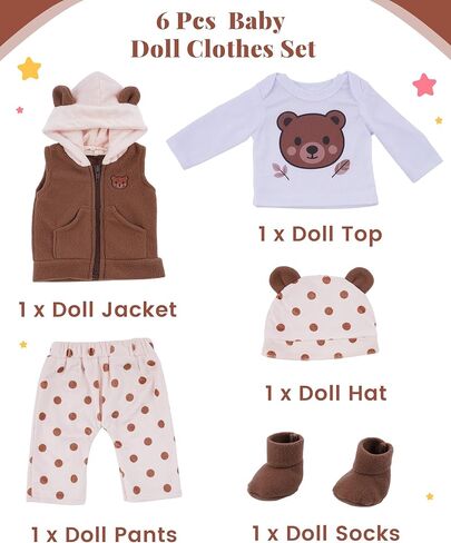 BABESIDE Baby Doll Clothes for 15 Inch Dolls, 6 Pcs Doll Clothes Set with Bear Hat, Jacket, Shirt, Pants and Socks, Baby Doll Accessories Outfit for Pretend Play, Kids Ages 3+ in Kuwait